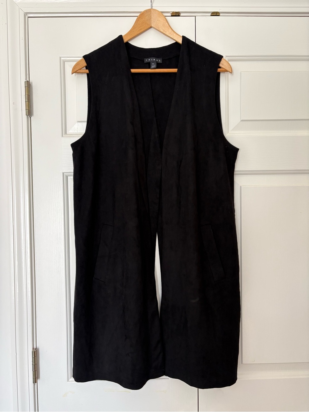 Tribal Brand Black faux suede Sleeveless Open Front & Back Long Vest size Large